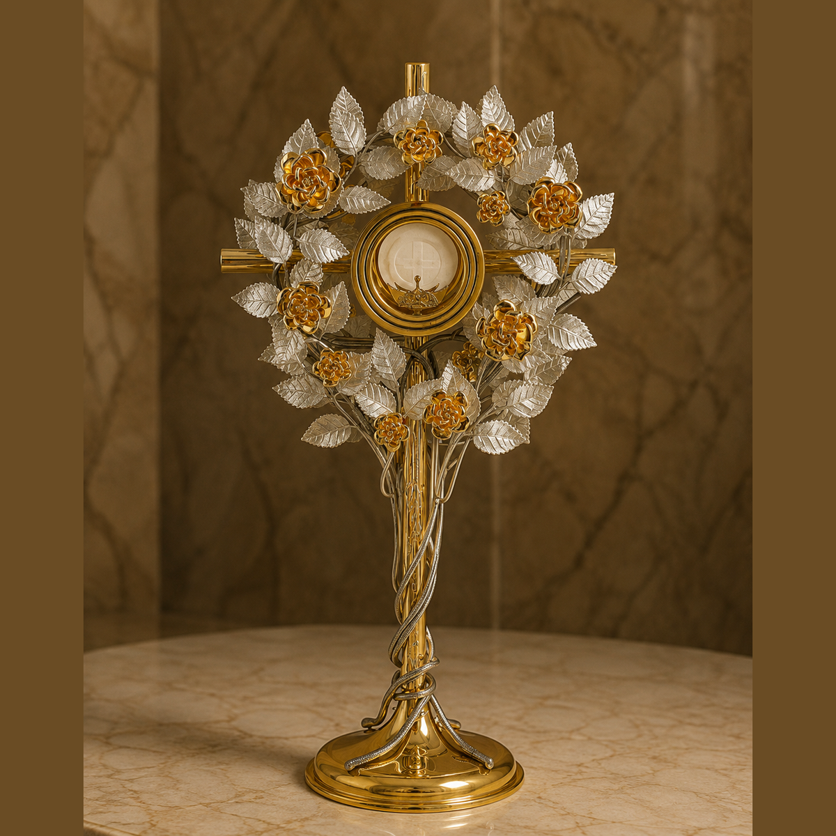 Monstranz „Eucharistische Rose“ – 69 cm, vergoldet, handverziert
