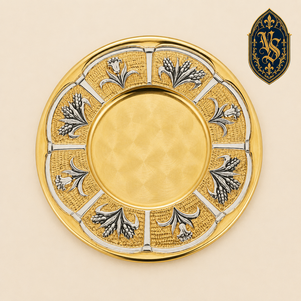 Messing-Patene, vergoldet, mit Ähren- und Lilienmotiv, handgefertigt – PSCM-016