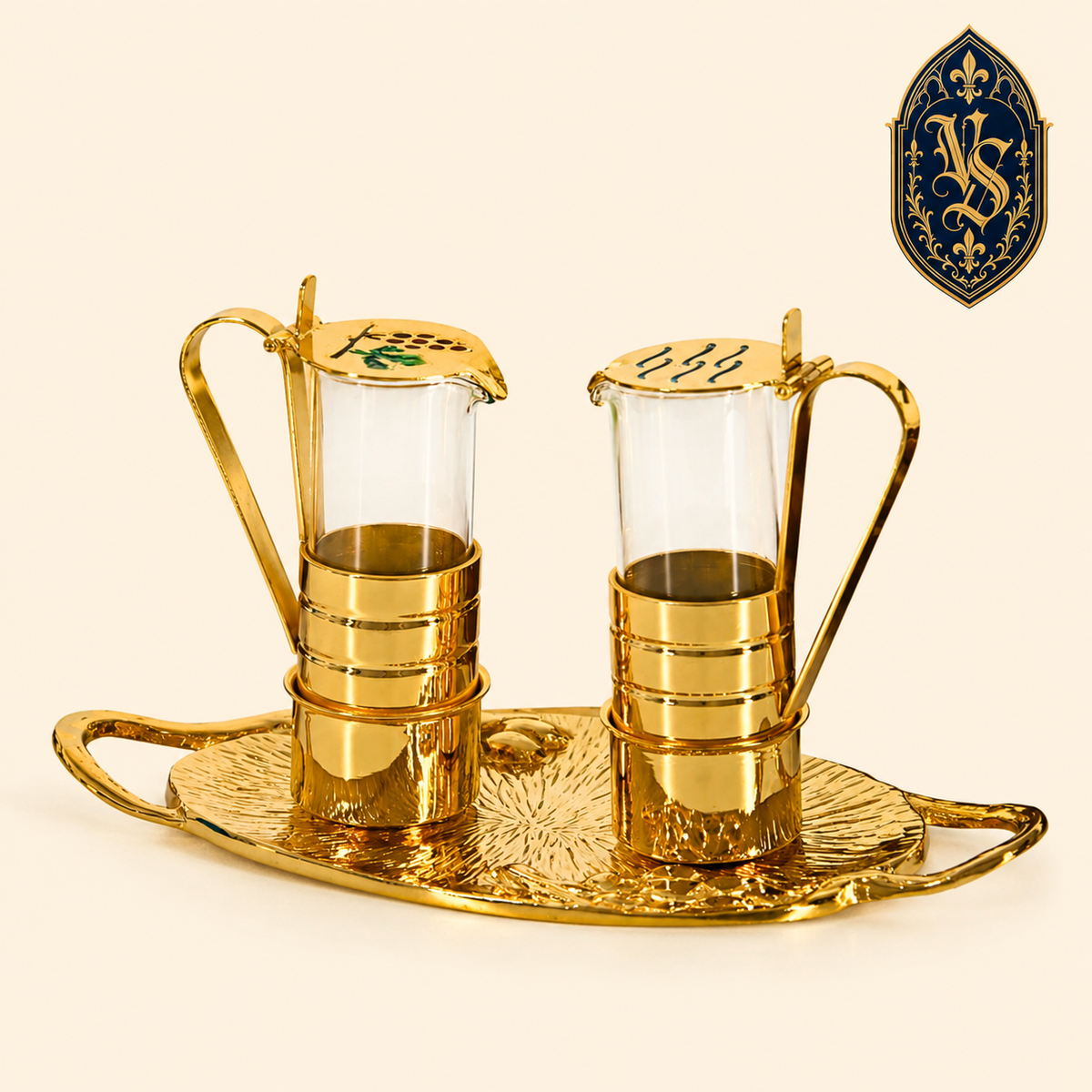 Vergoldetes Set liturgischer Ampullen auf dekorativem Tablett 130 ml – ASCM-003