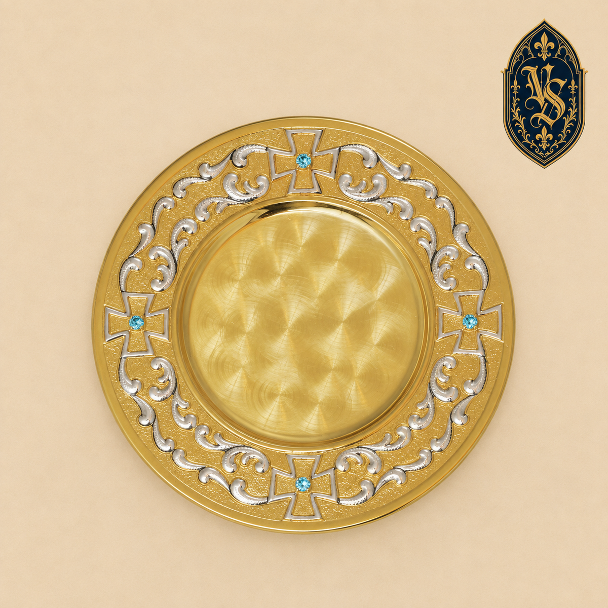 Vergoldete liturgische Patene mit blauen Steinen und Kreuzen – PSCM-014